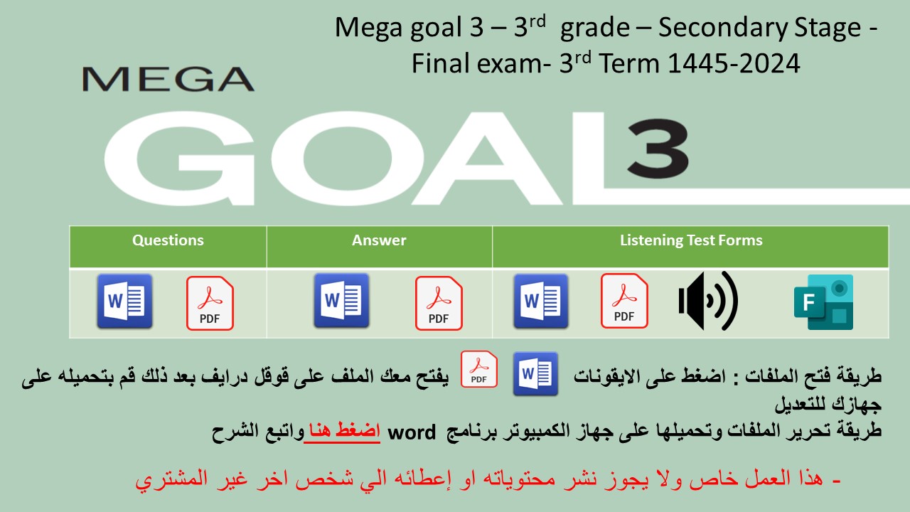 الاختبار النهائي منهج MG3 - English 3.3 الفصل الدراسي الثالث 1445 - الصف الثالث الثانوي + اختبار استماع ( تصحيح عادي)